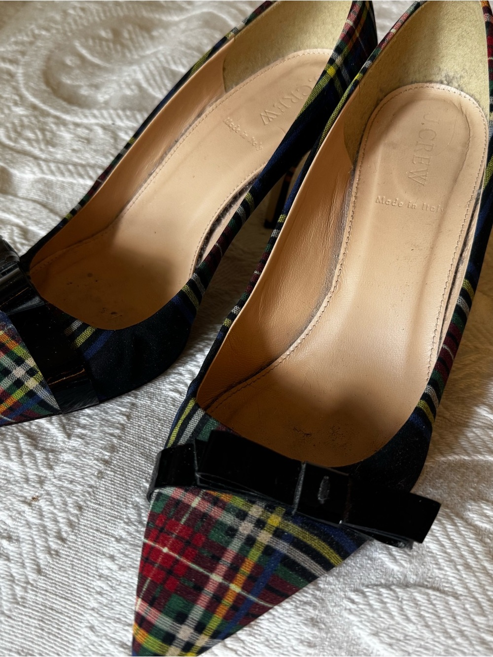 J. Crew Tartan Plaid Pointed-Toe Pumps with Black Patent Leather Bow
